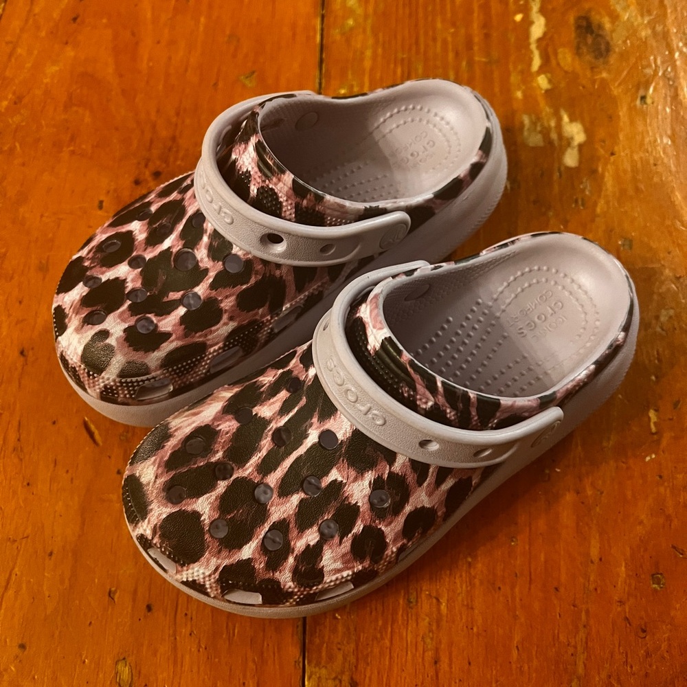 CROCS Black and Purple animal print